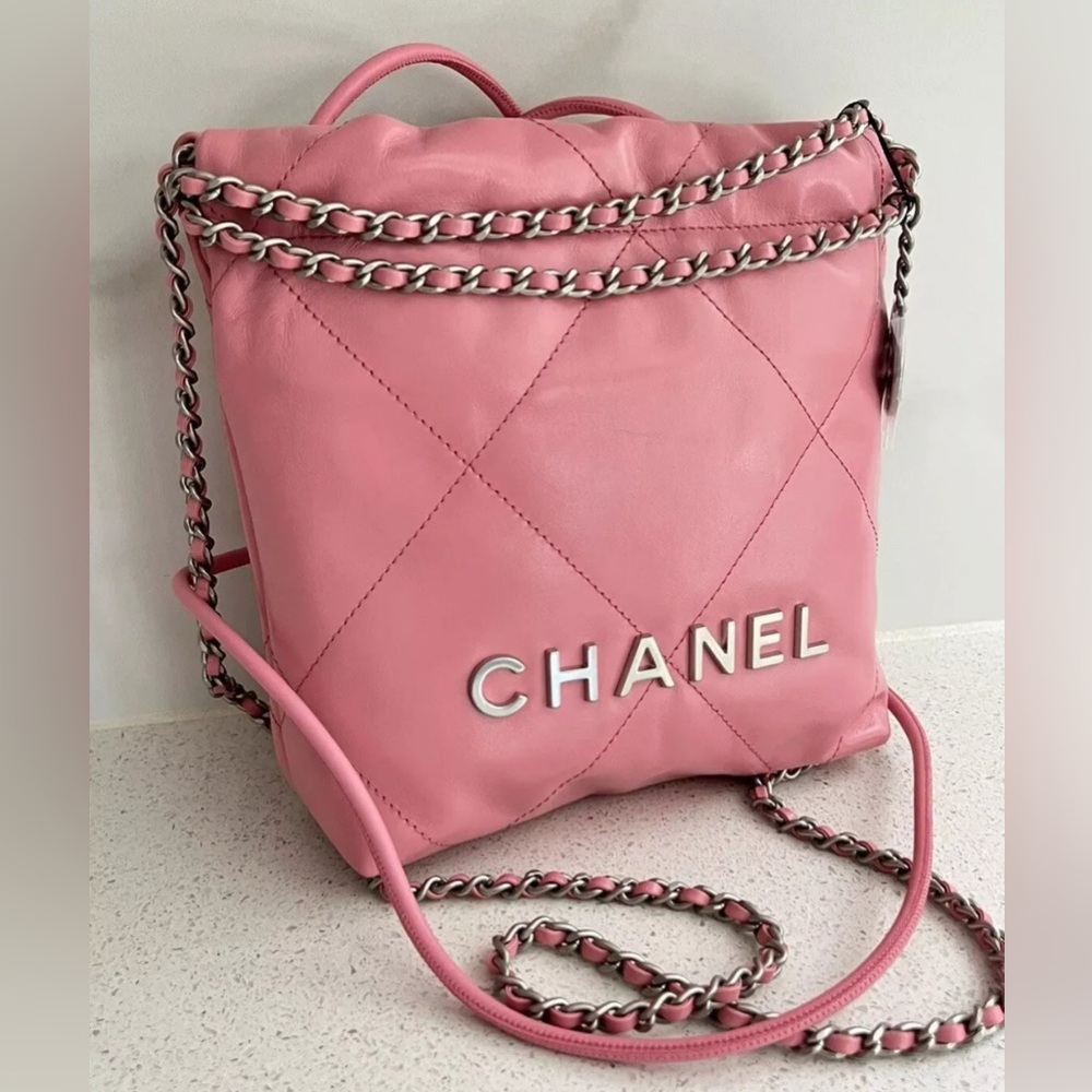 CHANEL 22 Mini 23A Pink/Silver Crossbody Hobo Bag Full Set NEW with TAGS